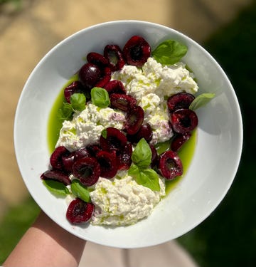 cheats burrata with basil oil and cherries