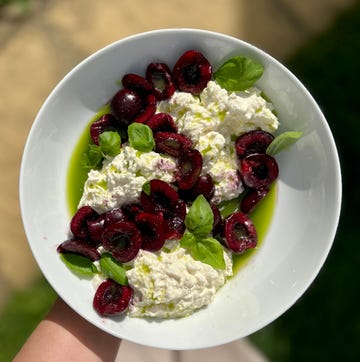 Cheats Burrata With Basil Oil And Cherries cheats burrata with basil oil and cherries