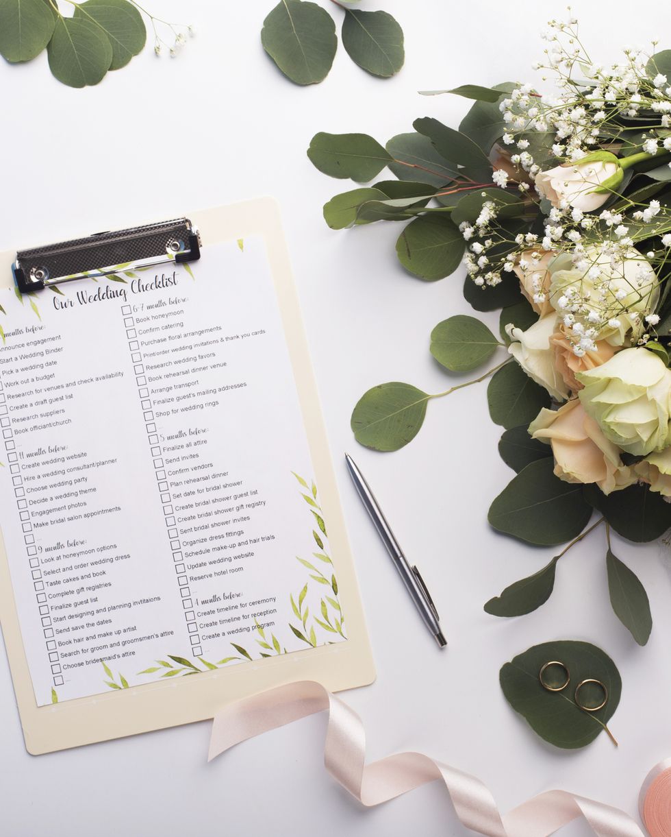 checklist with main items, roses bouquet and golden rings