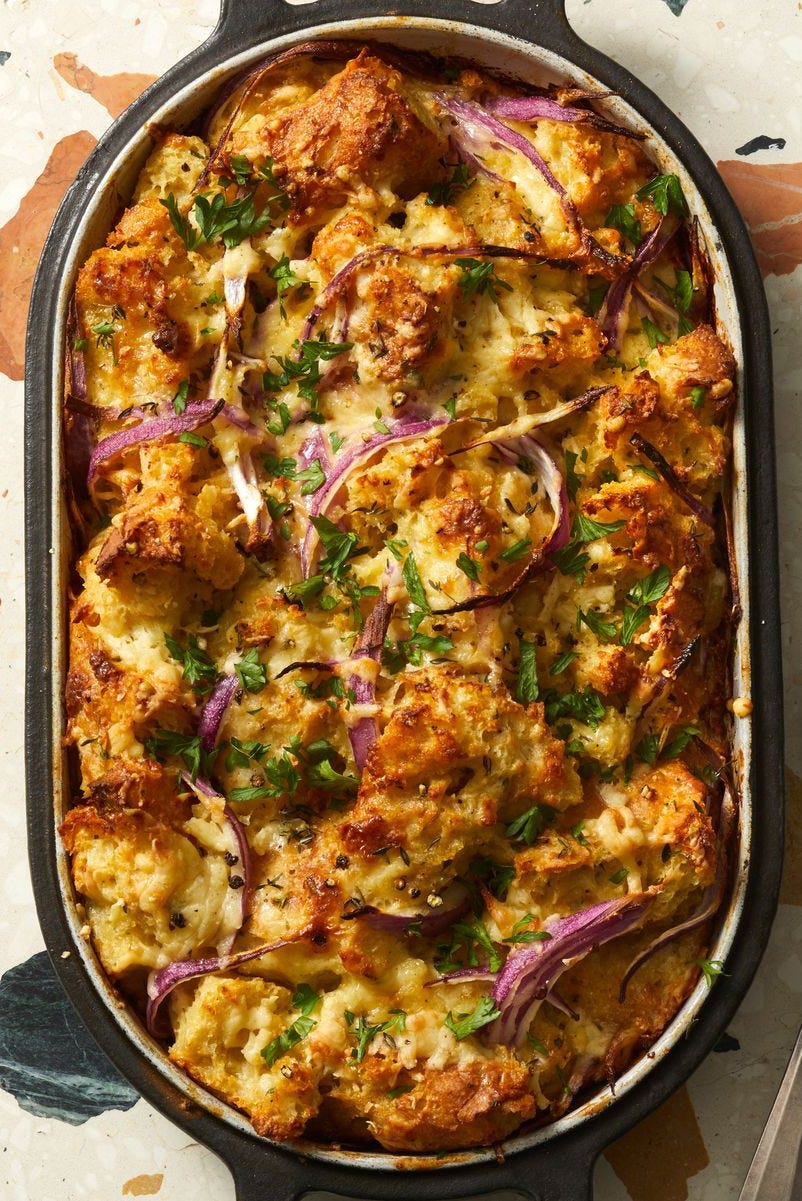 red onion and cheddar bread pudding