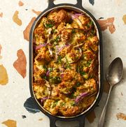 red onion and cheddar bread pudding on terrazzo