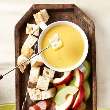 fondue, cheese, bread, potato, sausage, apples