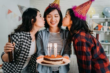 birthday wishes for cousins, cheerful women kissed by girl best friends