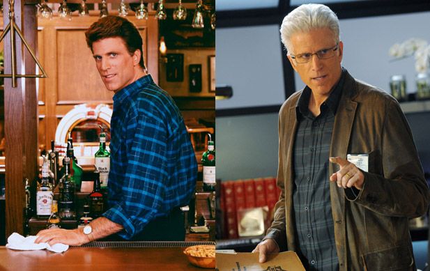 Where Are They Now: Cast of Cheers: Cheers star Ted Danson played the lead role, Sam Malone, a former baseball player turned bartender who had a way with the ladies. It was a breakout role for Danson who went on to star in several other TV shows including the legal drama Damages and CSI: Crime Scene Investigation. (Left) Photo by NBC/NBCU Photo Bank via Getty Images. (Right) Photo by Ron P. Jaffe/CBS via Getty Images.