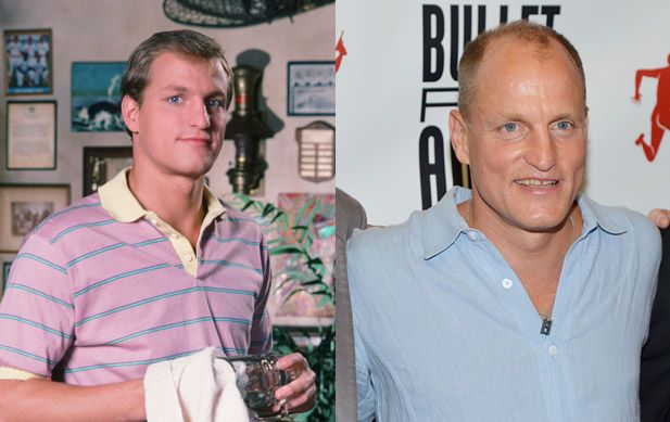 Where Are They Now: Cast of Cheers: Woody Harrelson joined the Cheers cast as dim-witted, but lovable bartender Woody Boyd in 1985. The role helped launch his career, landing him major roles in movies including White Men Can't Jump, The People vs. Larry Flynt and No Country for Old Men.(Left) Photo by NBC/NBCU Photo Bank via Getty Images. (Right) Photo by Mike Coppola/Getty Images.