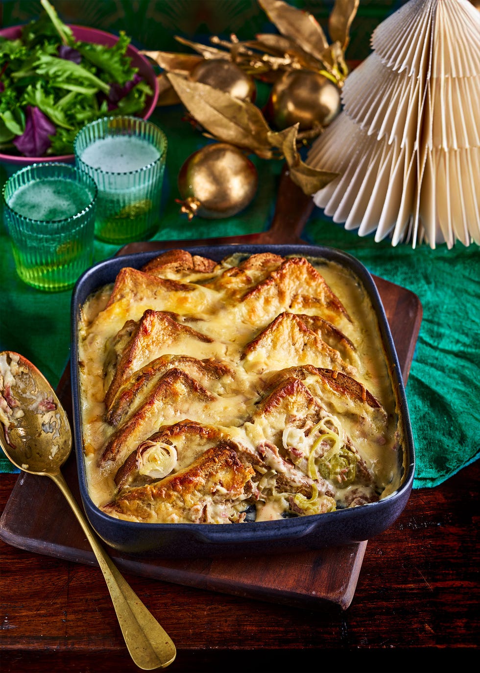 cheese and leek bread and butter pudding