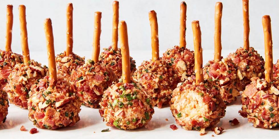 cheese ball bites with pretzel sticks