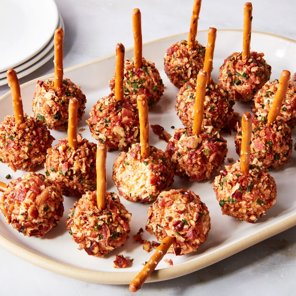 cheese ball bites with pretzel sticks