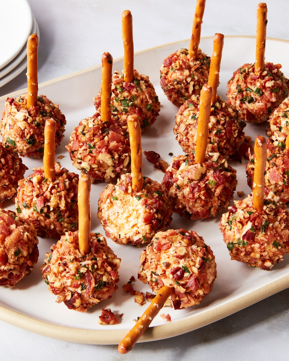 cheese ball bites with pretzel sticks