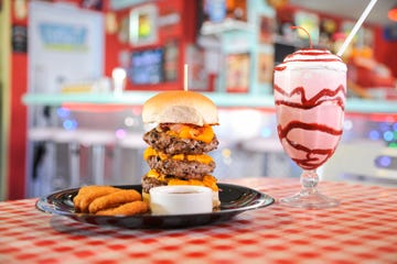 cheeseburger and strawberry milkshake