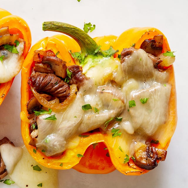 orange peppers stuffed with beef, cheese, and peppers