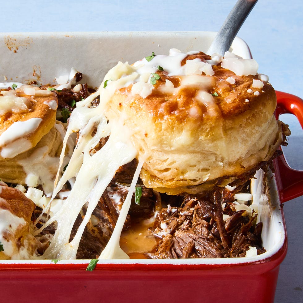 casserole filled with barbacoa topped with biscuits