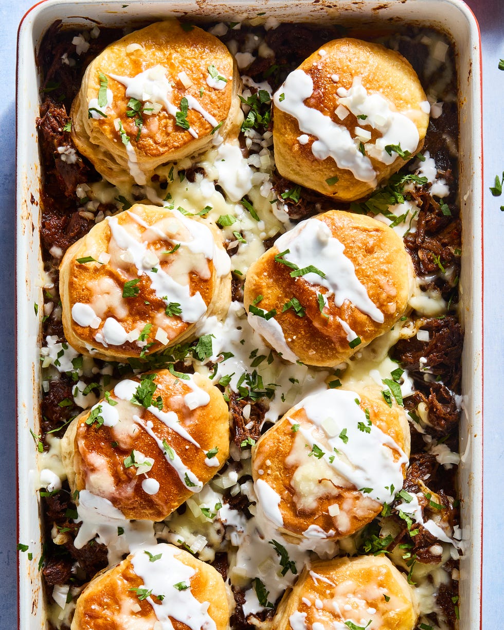 casserole filled with barbacoa topped with biscuits