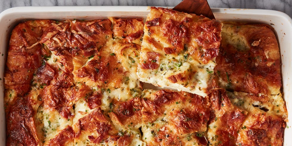 cheesy croissant casserole with bacon and chives