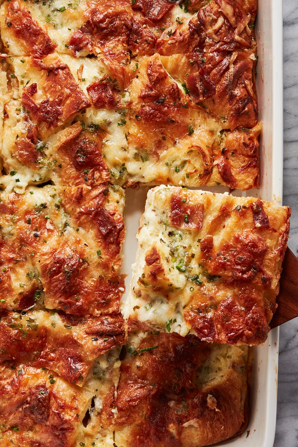 cheesy croissant casserole with bacon and chives