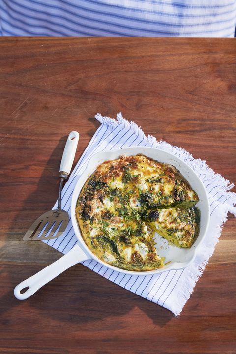 cheesy frittata with spring greens and shallots
