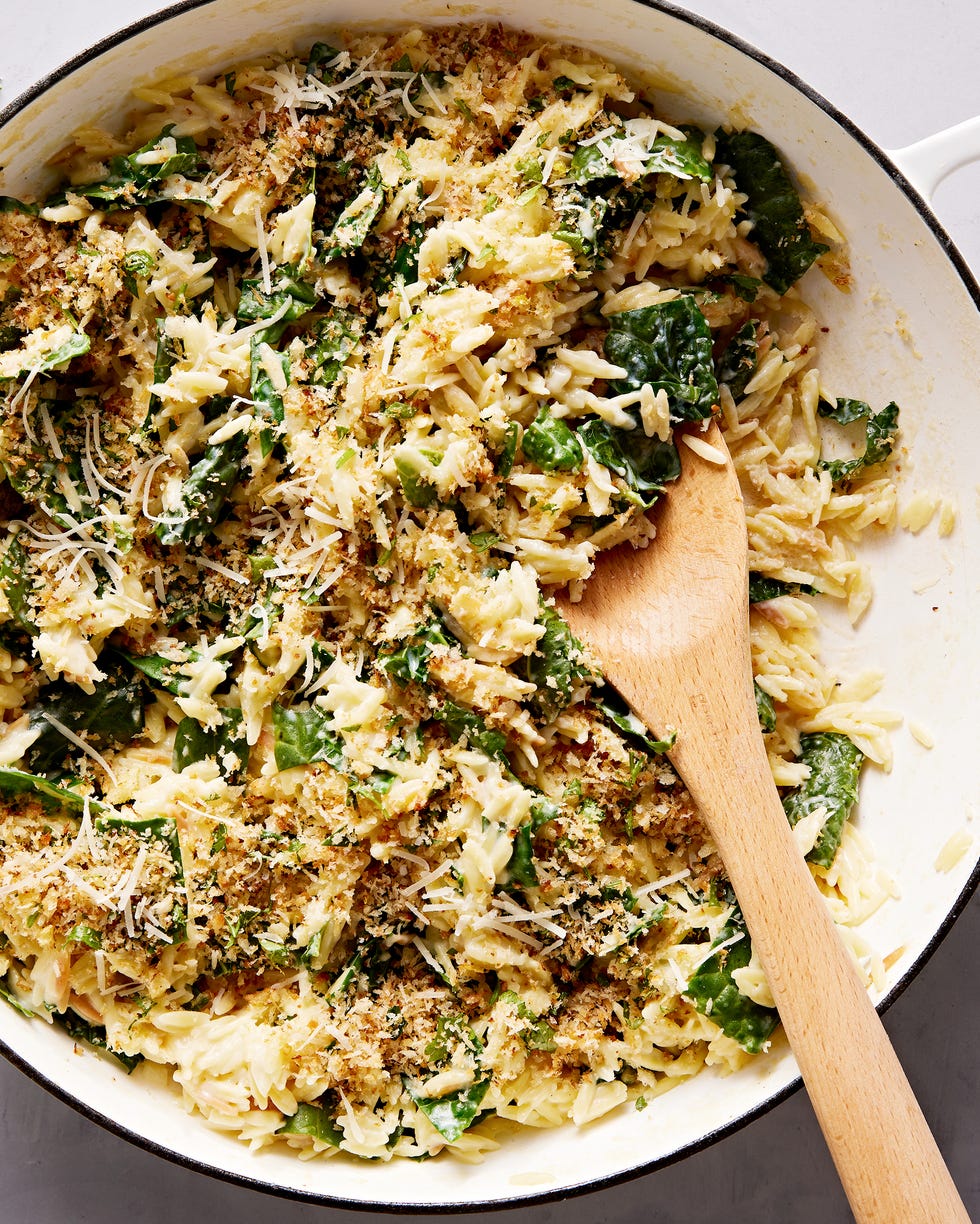 cheesy kale orzo with breadcrumbs and lemon