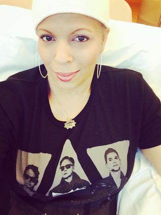 Liz Dwyer in a Depeche Mode shirt during chemo