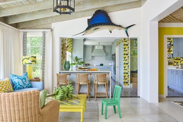 a living room with a dining table and chairs