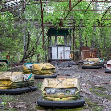 abandoned bumper cars full of rust in the amusement park of the ghost city of pripyat, ukraine pripyat was evacuated on the afternoon of april 27th of 1986, 36 hours after the chernobyl nuclear plant disaster