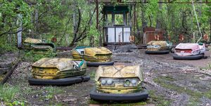 abandoned bumper cars full of rust in the amusement park of the ghost city of pripyat, ukraine pripyat was evacuated on the afternoon of april 27th of 1986, 36 hours after the chernobyl nuclear plant disaster