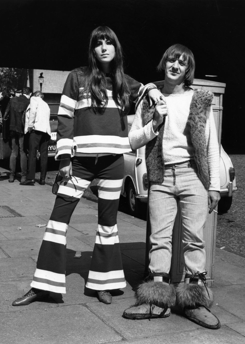 Sonny and Cher in Northumberland Avenue, London after making a recording for the BBC at the Playhouse Theatre