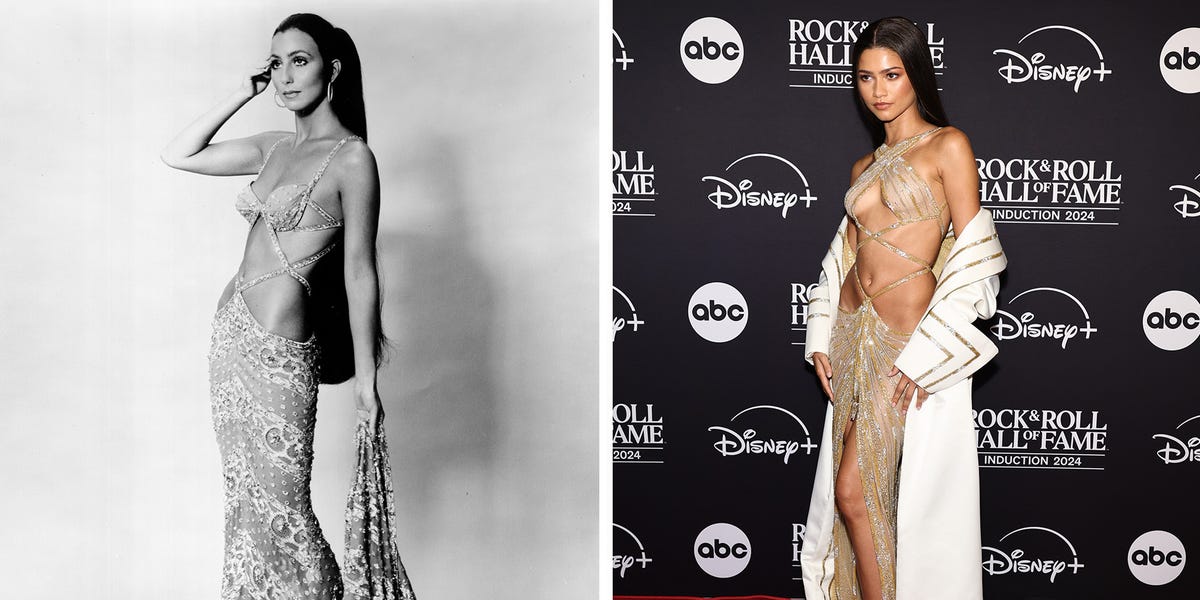 Zendaya pays homage to Cher in a vintage-style gold nude dress