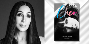 a face alongside a book cover featuring the title cher the memoir part one