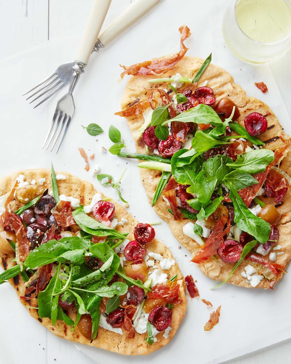 grilled pizza with cherries and prosiutto