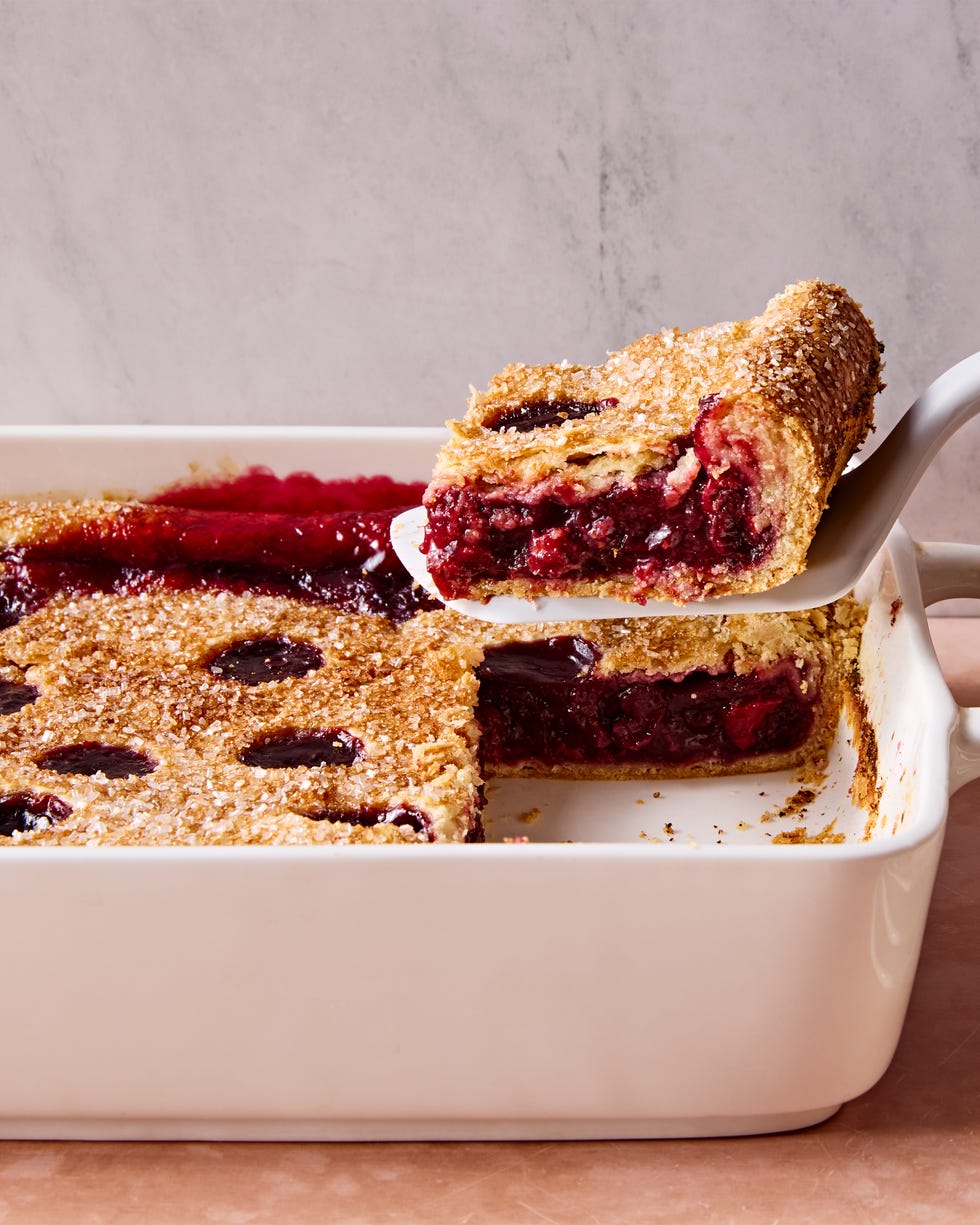 cherry pie bars in a casserole dish