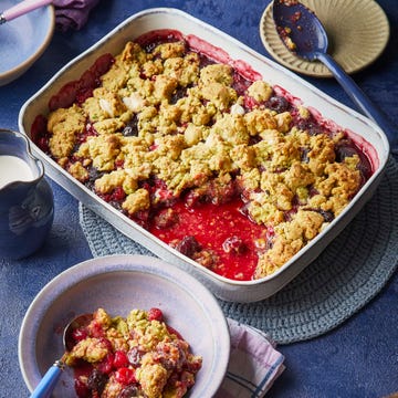 cherry, white chocolate and pistachio crumble 