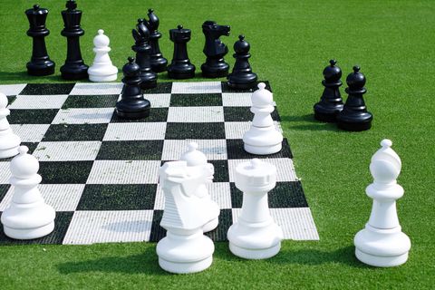 chess pieces and board on lawn