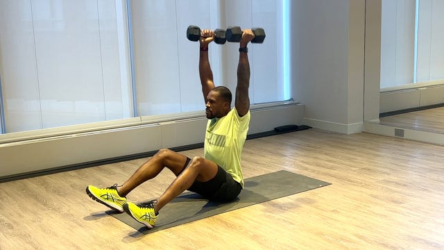 upperbody dumbbell workout, chest press to situp to shoulder press