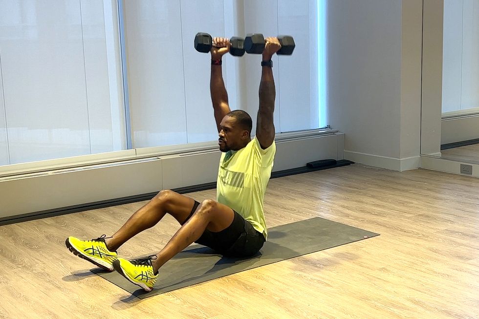upperbody dumbbell workout, chest press to situp to shoulder press