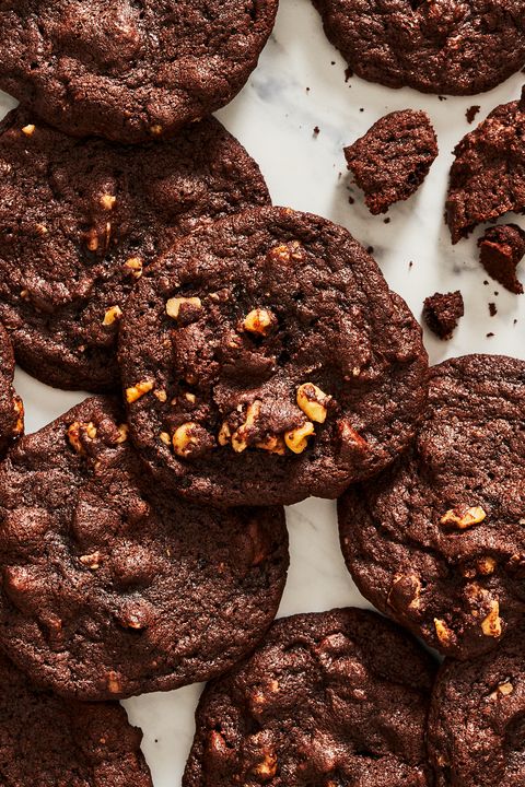 chewy chocolate chocolate chip cookies with walnuts