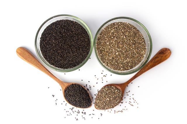 chia seeds and basil seeds in jars and spoons
