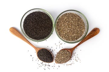 chia seeds and basil seeds in jars and spoons