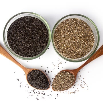 Chia seeds and basil seeds chia seeds and basil seeds in jars and spoons