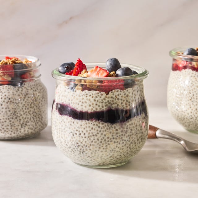 chia pudding with berries, granola, and jam
