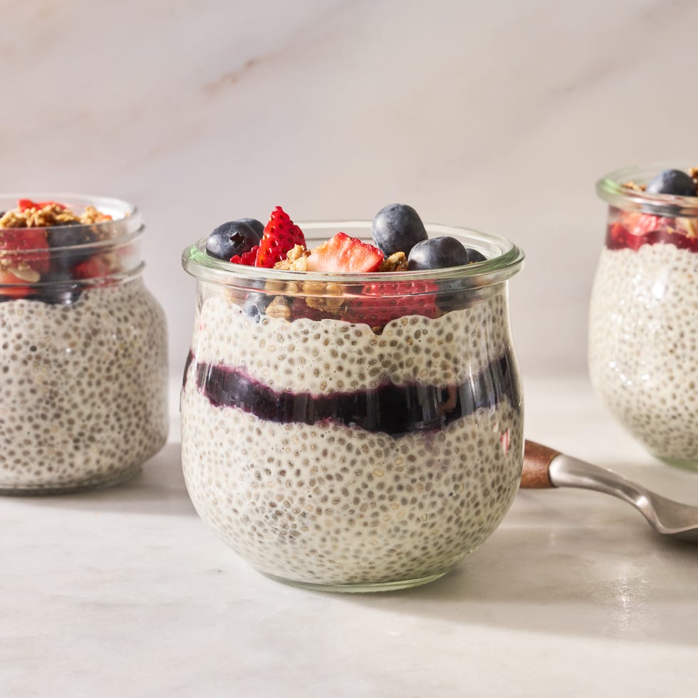 chia pudding with berries, granola, and jam