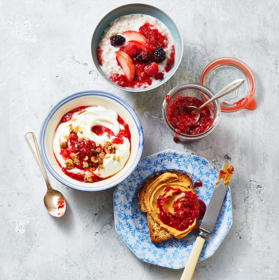 raspberry chia jam with yogurt and toast