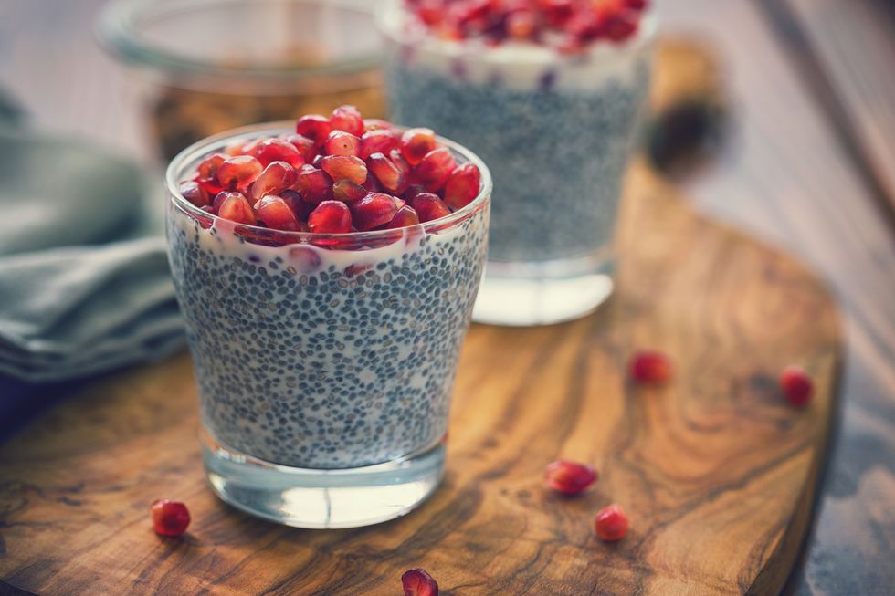 chia seed pudding with fresh pomegranates