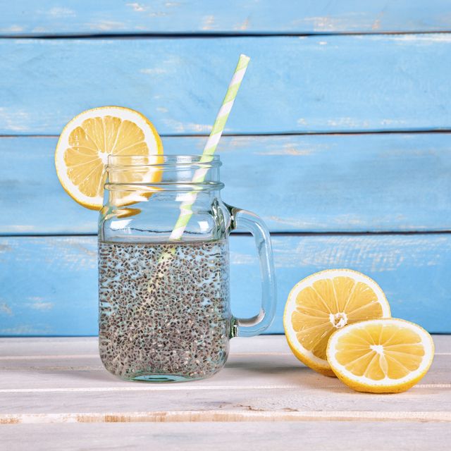 chia seeds energy drink on blue wood background