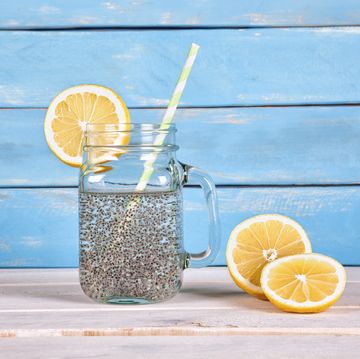 chia seeds energy drink on blue wood background