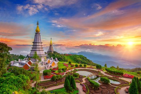 the best of landscape in chiang mai pagodas noppamethanedol  noppapol phumsiri at sunset in inthanon mountain, thailand