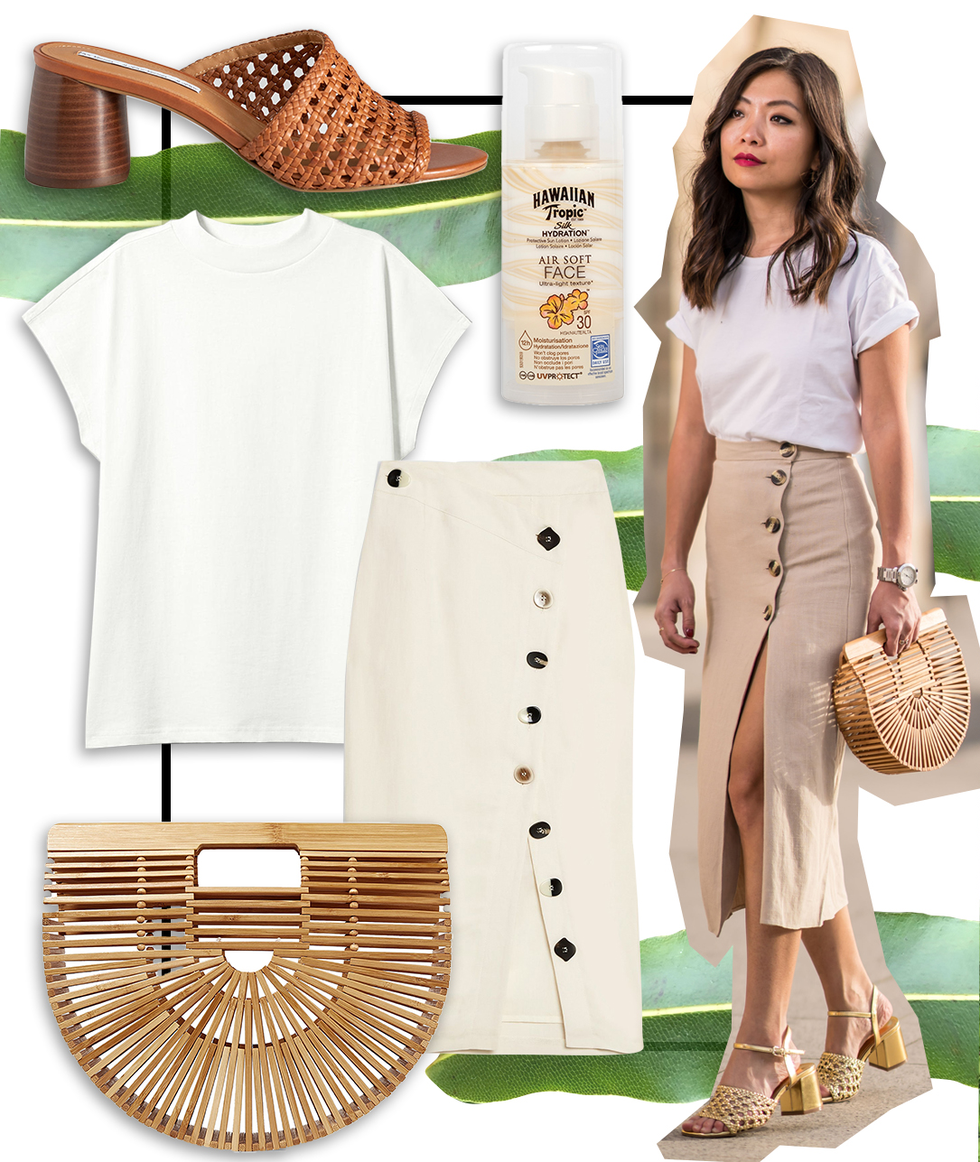 Woman in camel skirt and white t-shirt with basket bag