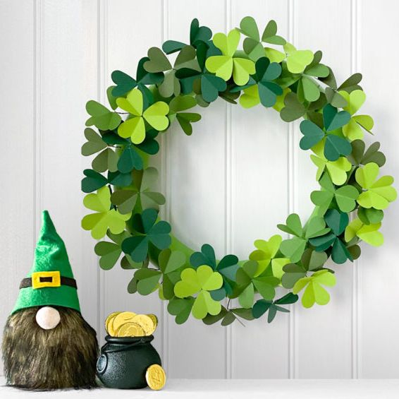 Paper shamrock wreath with shamrocks in different shades of green