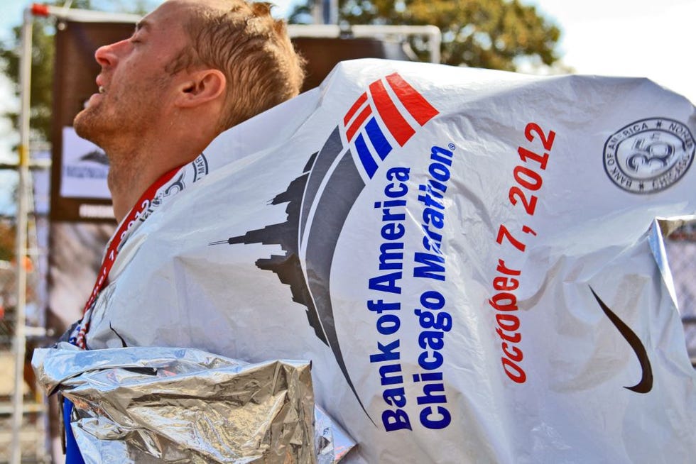 Andy Dixon finishes the Chicago Marathon