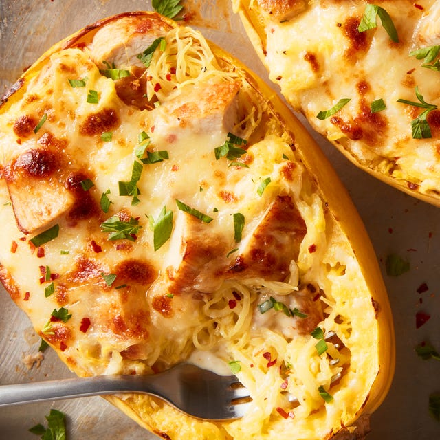 Chicken Alfredo Spaghetti Squash spaghetti squash baked with alfredo sauce and cheese