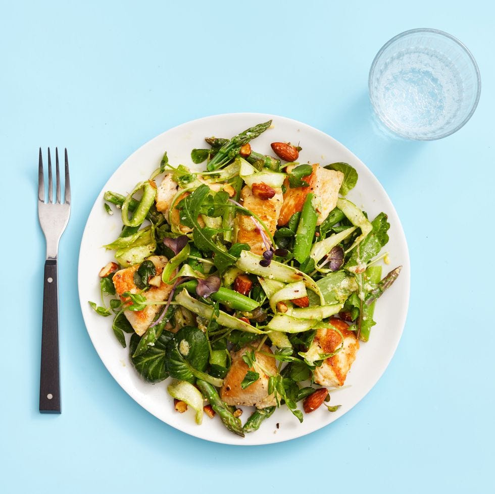 chicken and asparagus salad with meyer lemon vinaigrette on a plate